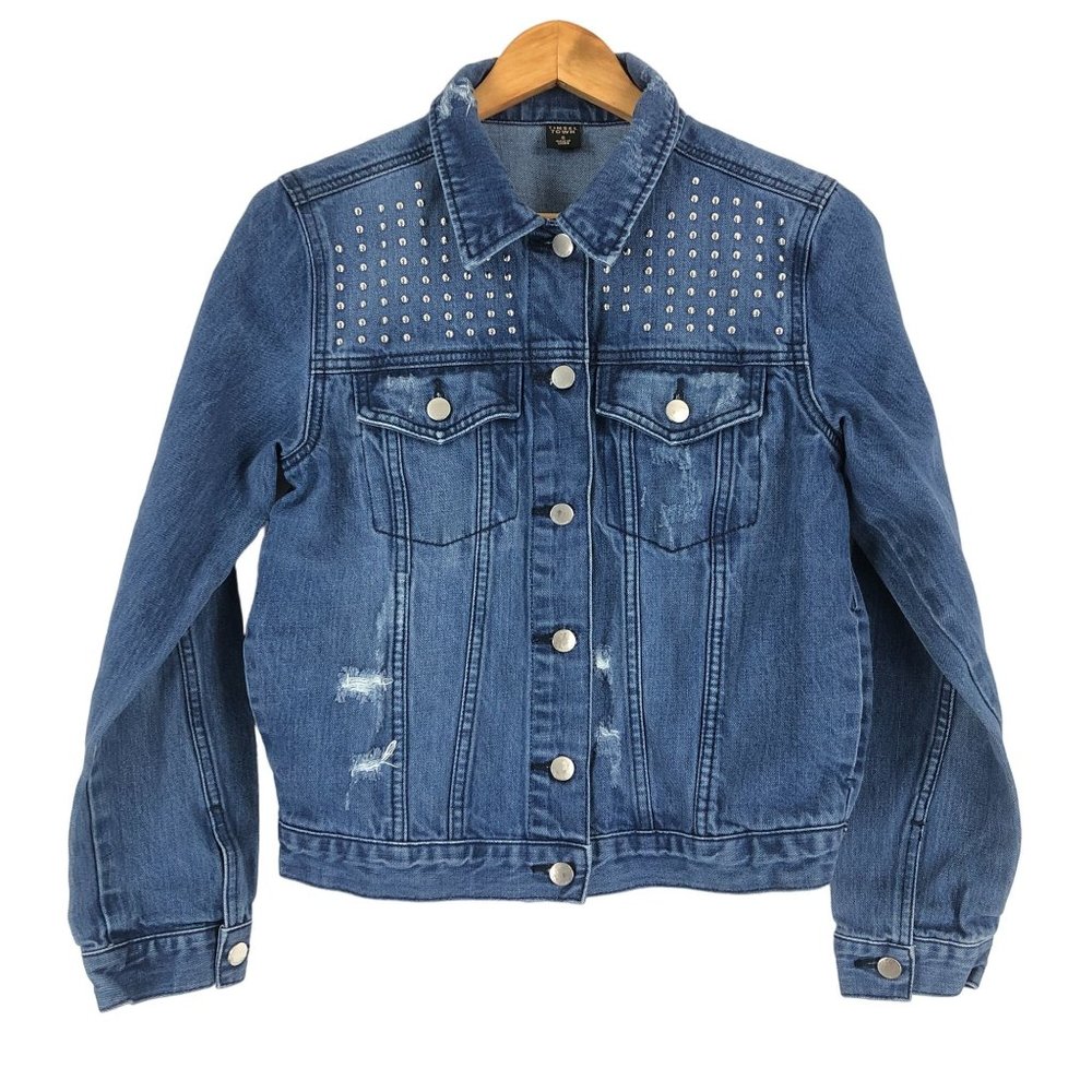 Tinsel Town Women's Small Blue Studded Button Front Denim Jean Jacket Cotton